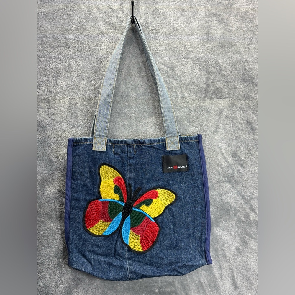 Ask 4 Jeans A4J 5 Pocket Denim Butterfly Patch Plaid Lined Purse Shoulder Bag